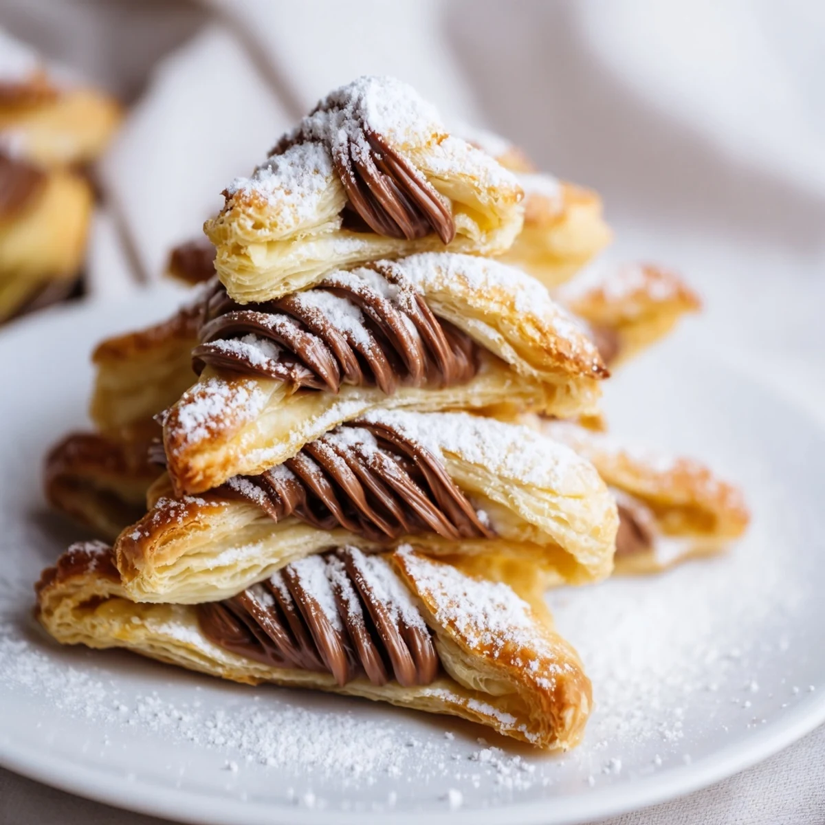 Homemade Nutella Pastry Christmas Trees, perfect for Christmas, dusted with powdered sugar and ready to eat.