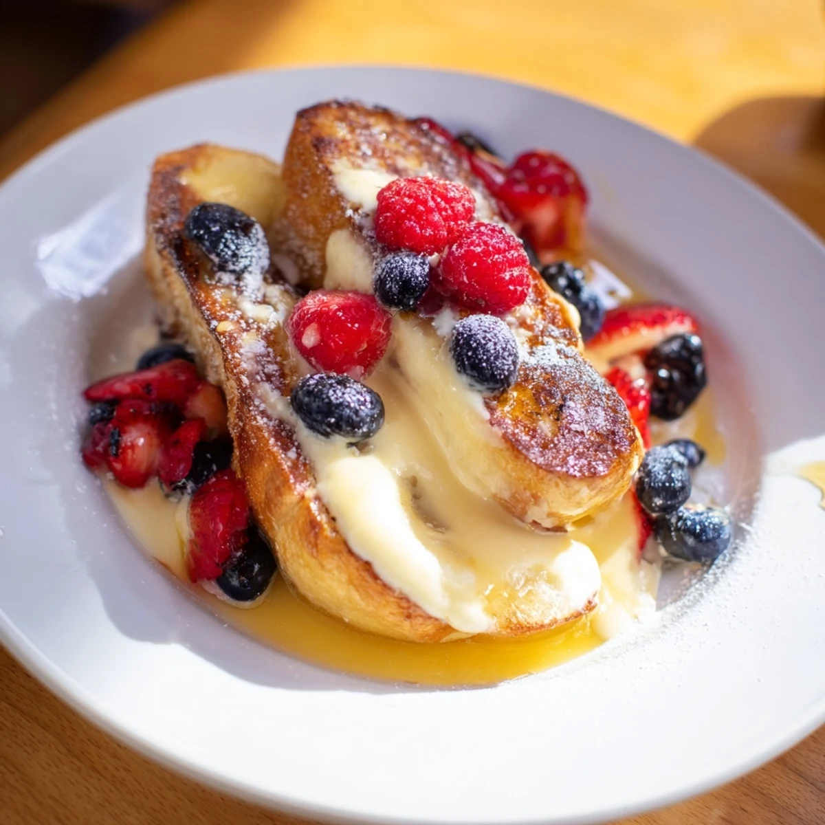 Golden-brown Ice Cream French Toast, oozing custard, ready to enjoy with fresh berries and syrup.