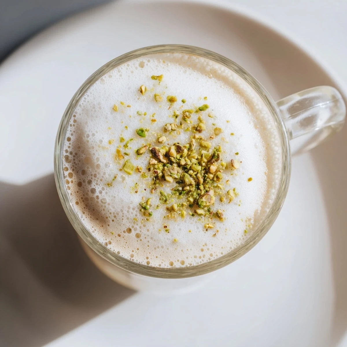 Rich and creamy pistachio latte with a swirl of airy cold foam, inviting a cozy afternoon.