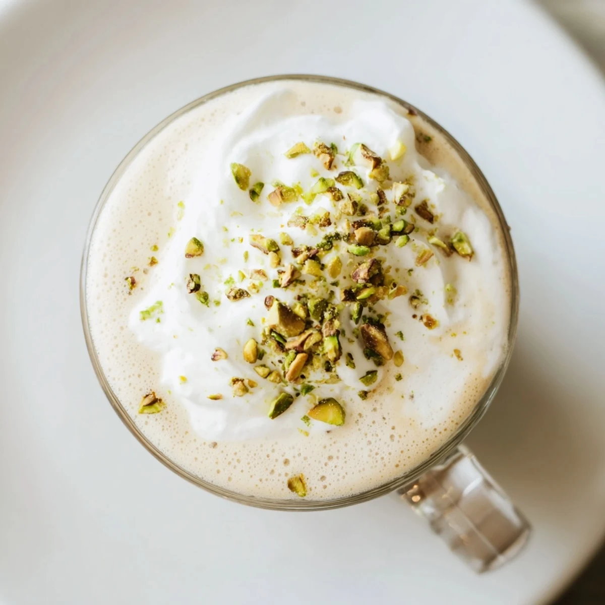 A close-up of a delightful pistachio latte, garnished with chopped pistachios, ready to enjoy.