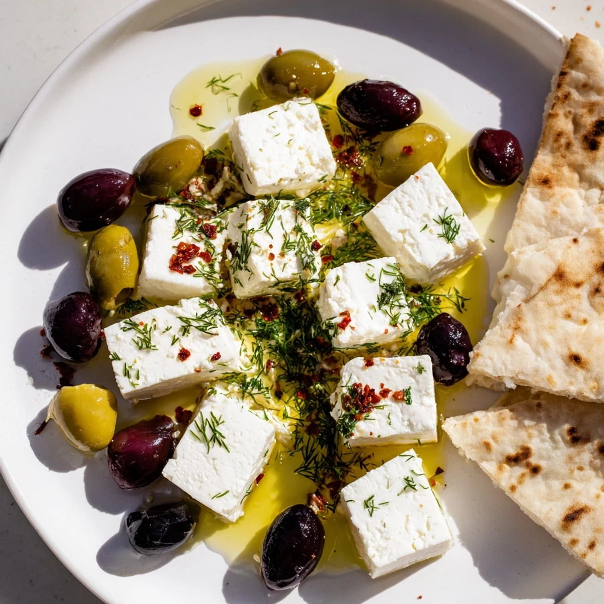 Vibrant Turkish Olives & Cheese Board, featuring brined olives, feta, and warm pita, ready to serve and enjoy.