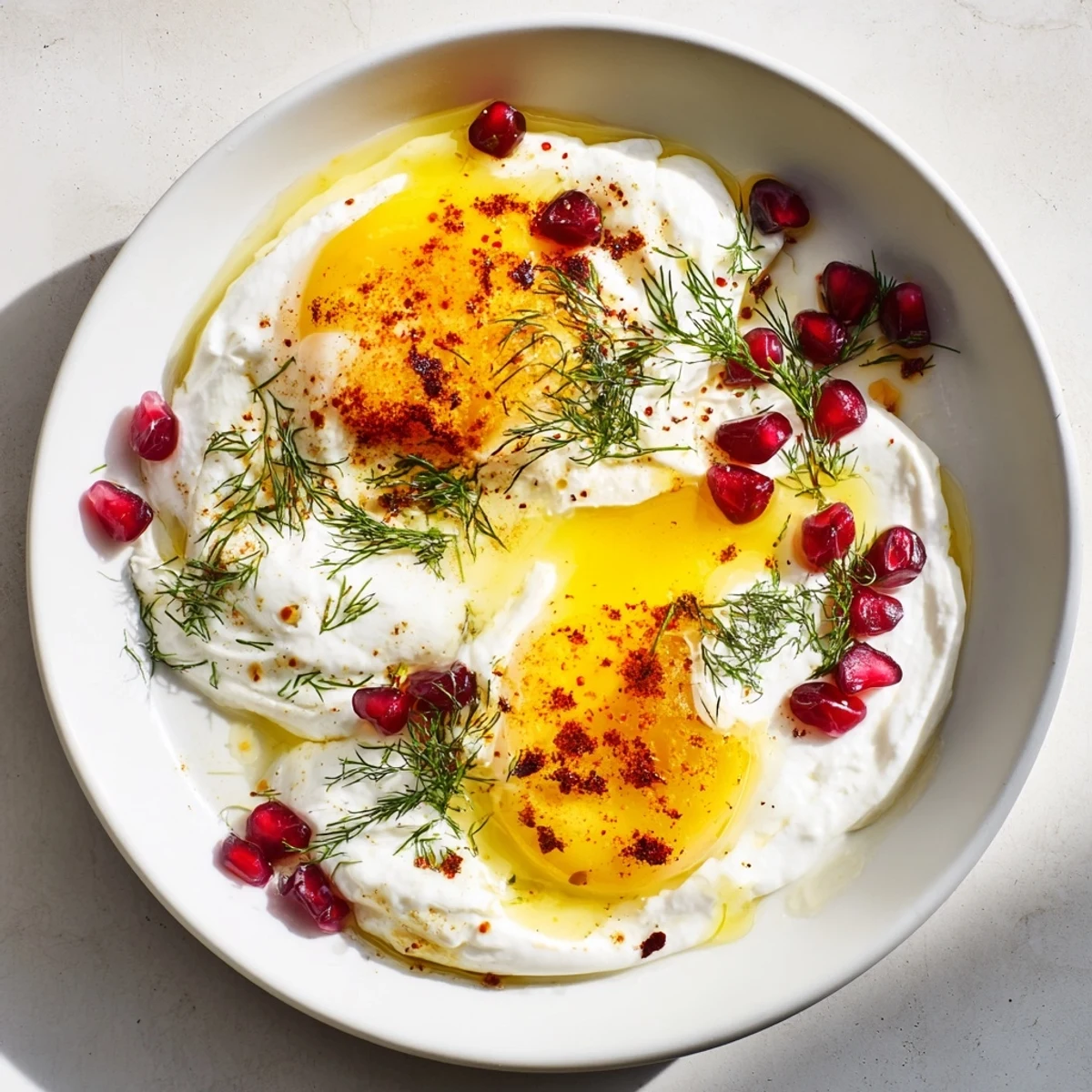 Çılbır with sumac and pomegranate: creamy yogurt topped with perfectly poached eggs and vibrant red pomegranate seeds.