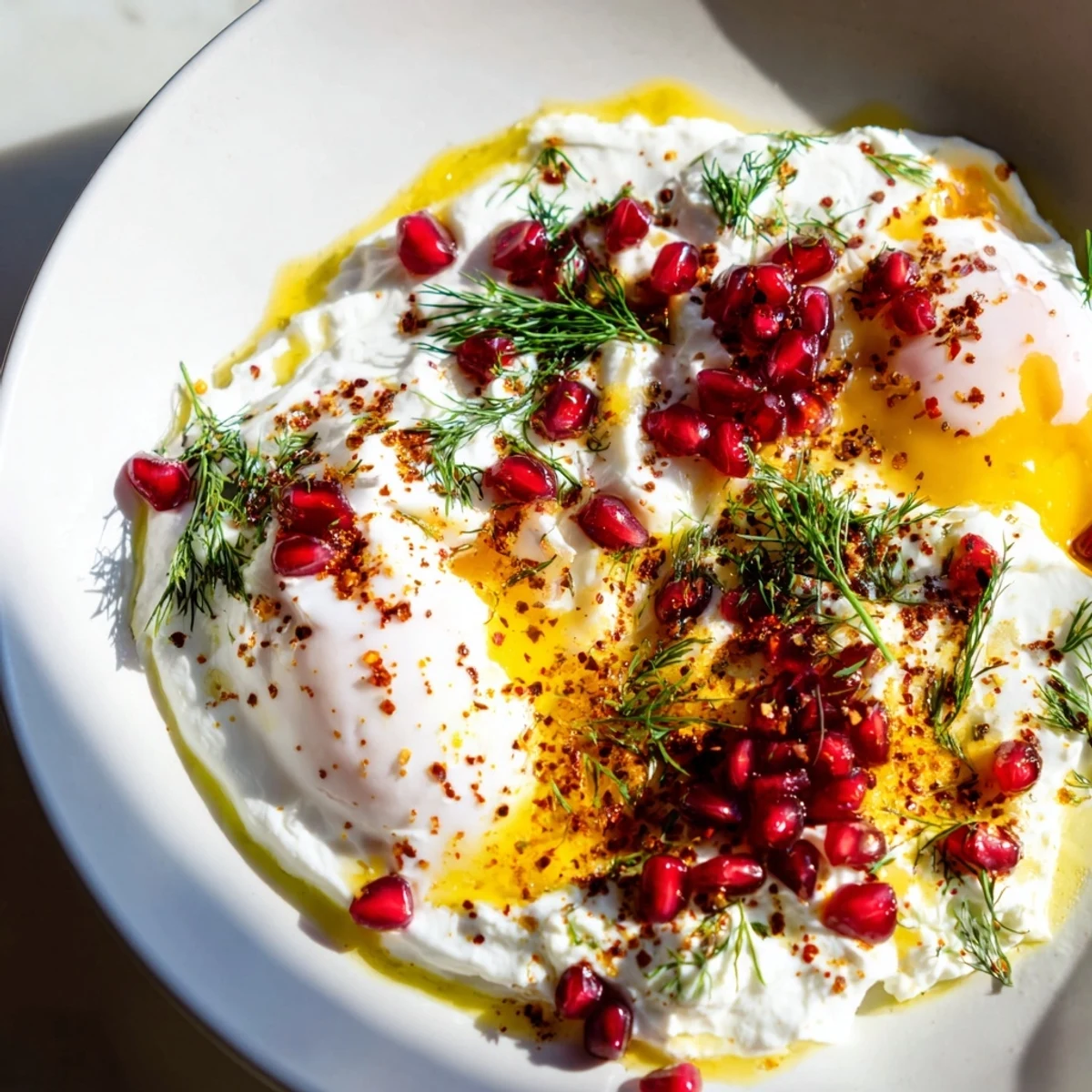 Fresh, bright Çılbır: a flavorful Turkish breakfast featuring runny egg yolks, tangy sumac, and sweet pomegranate seeds.