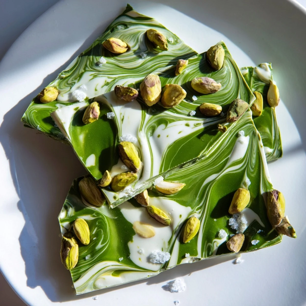 Creamy Pistachio Matcha White Chocolate bark, swirled with green matcha and topped with crunchy pistachios.