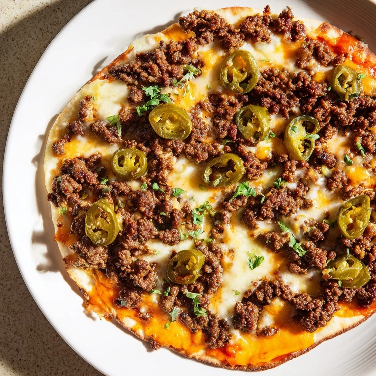 The delicious Spicy Ground Beef Pizza Base features a golden crust and savory, spiced ground beef.