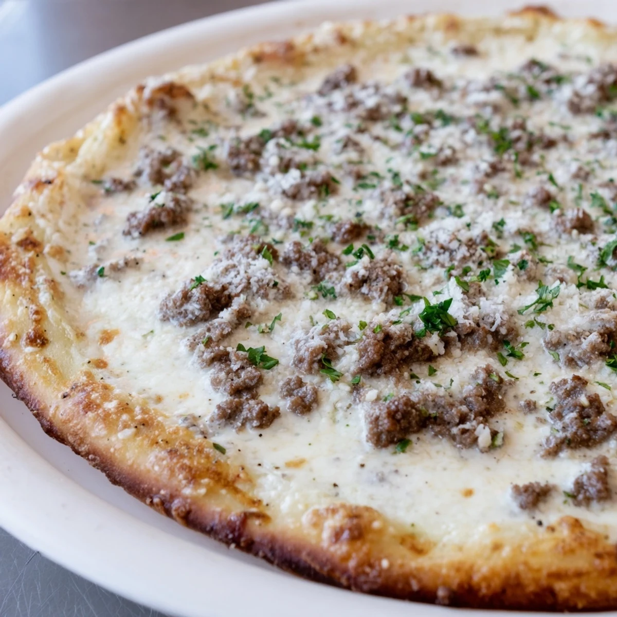 Homemade Ground Beef Alfredo Pizza, bubbling mozzarella over a perfectly baked crust for dinner.