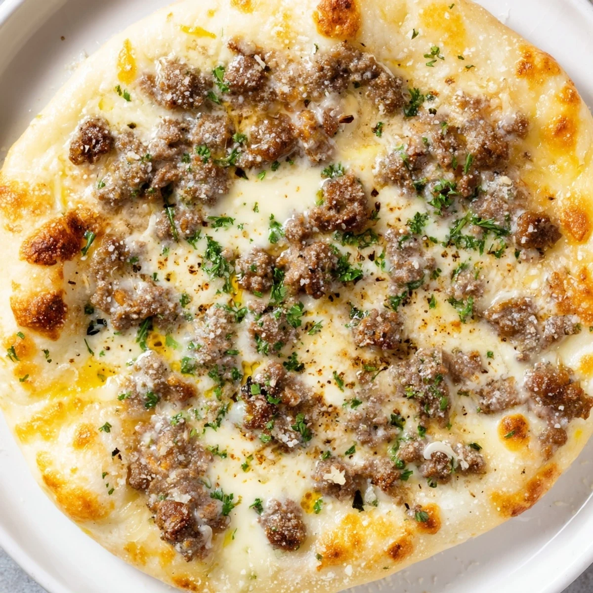 This close-up photo shows a delicious Ground Beef Alfredo Pizza, ready to be sliced and enjoyed.