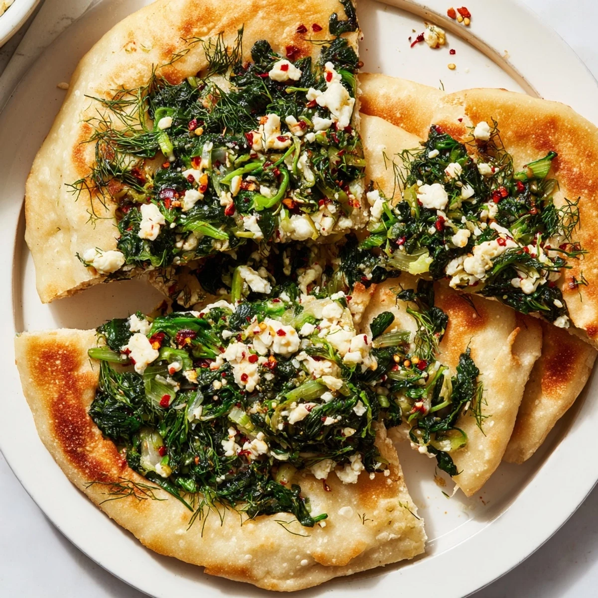 Golden-brown Turkish Spinach & Feta Flatbread, folded and pan-fried, ready to slice and enjoy as a snack.