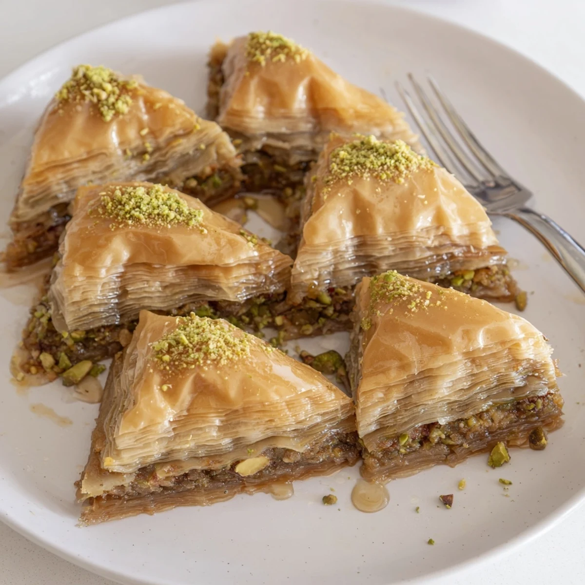 Golden, flaky Turkish Hazelnut & Pistachio Baklava, freshly baked, glistening with honey syrup.