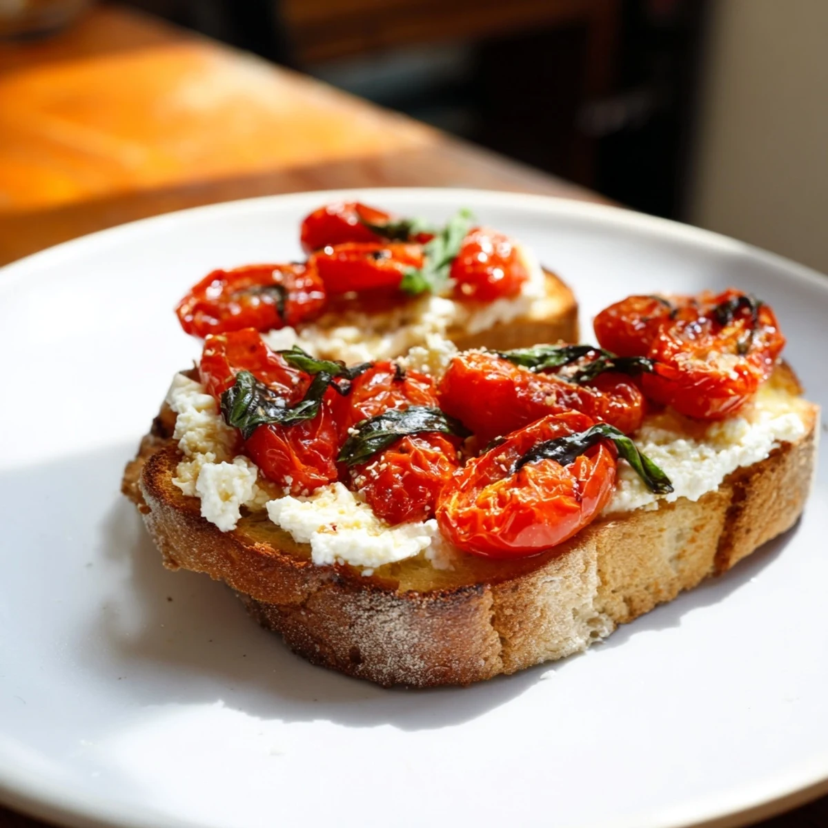 Warm baked feta toast with blistered tomatoes and a drizzle of olive oil, served fresh from the oven.