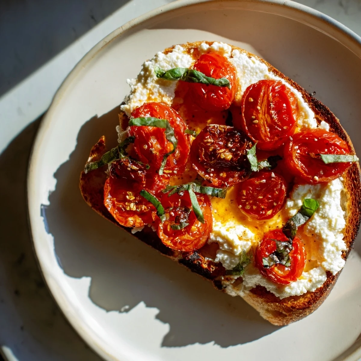 Crusty bread with creamy feta and sweet roasted tomatoes, garnished with torn basil for a vibrant vegetarian bite.
