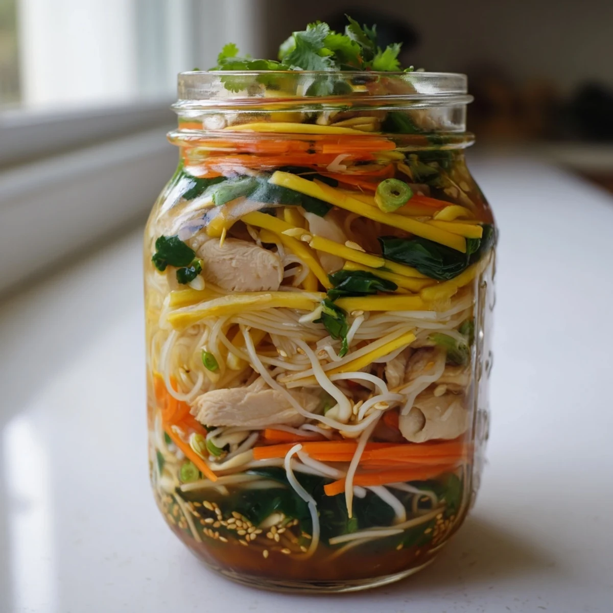 Colorful layers of fresh vegetables, protein, and ramen noodles in a sealed mason jar, ready for meal prep.