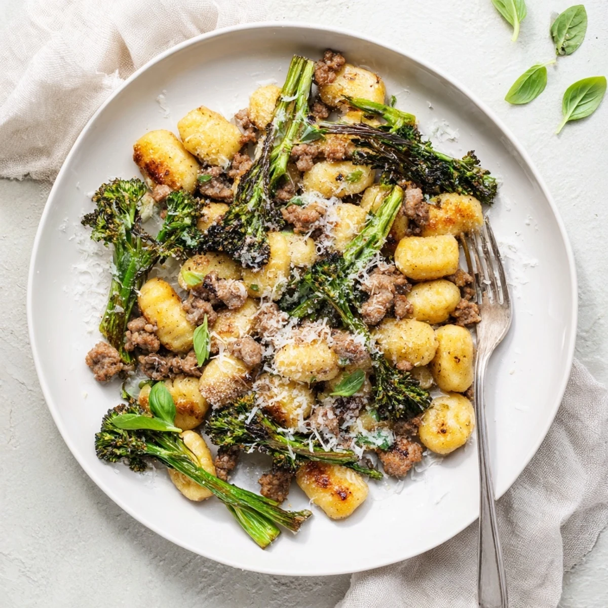 Golden-brown Sheet Pan Gnocchi Bake with savory sausage and crisp-tender broccolini, finished with melted Parmesan and fresh basil.