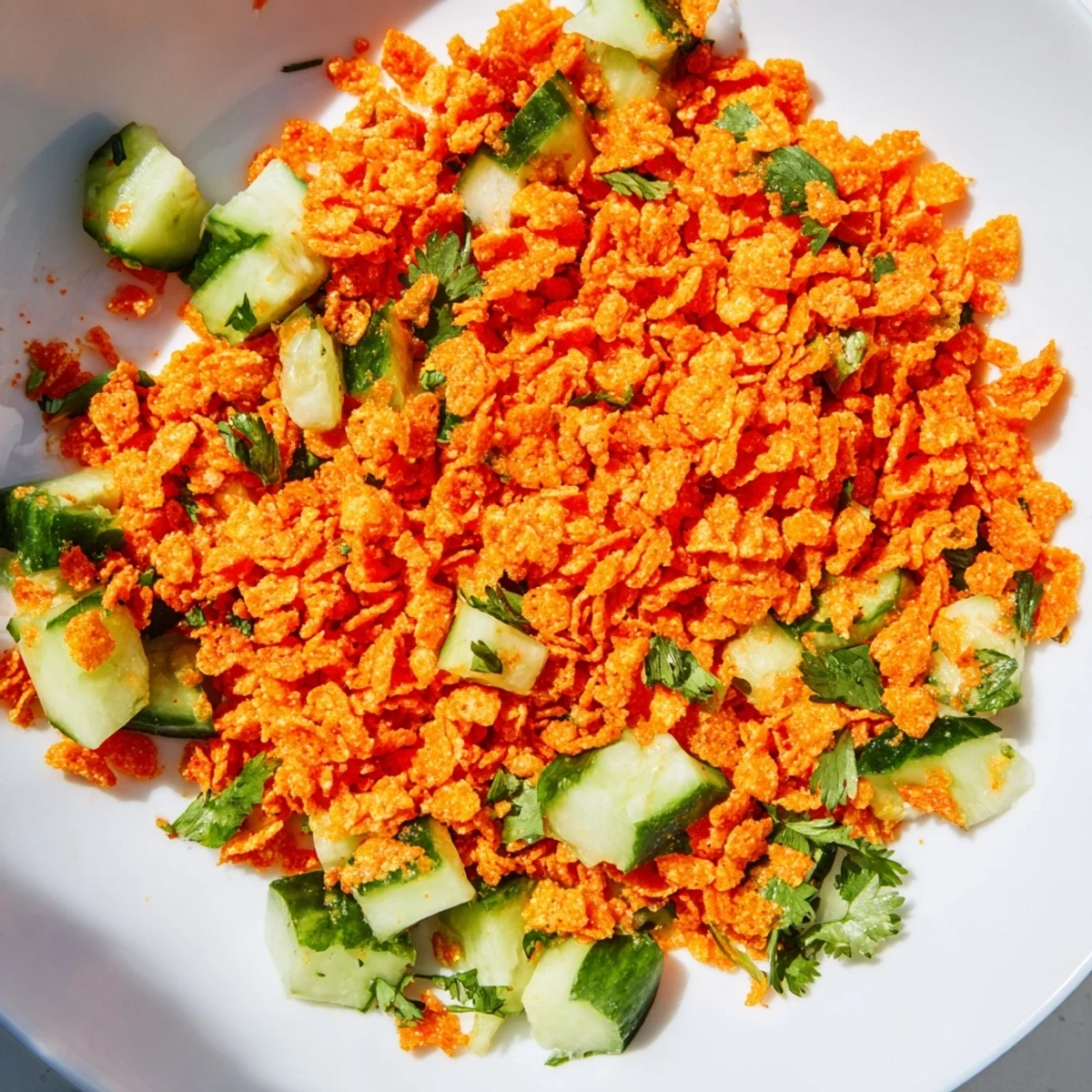 Brightly colored Flamin Hot Cheeto Salad with diced cucumber and fresh cilantro tossed in a zesty lime-hot sauce dressing.  