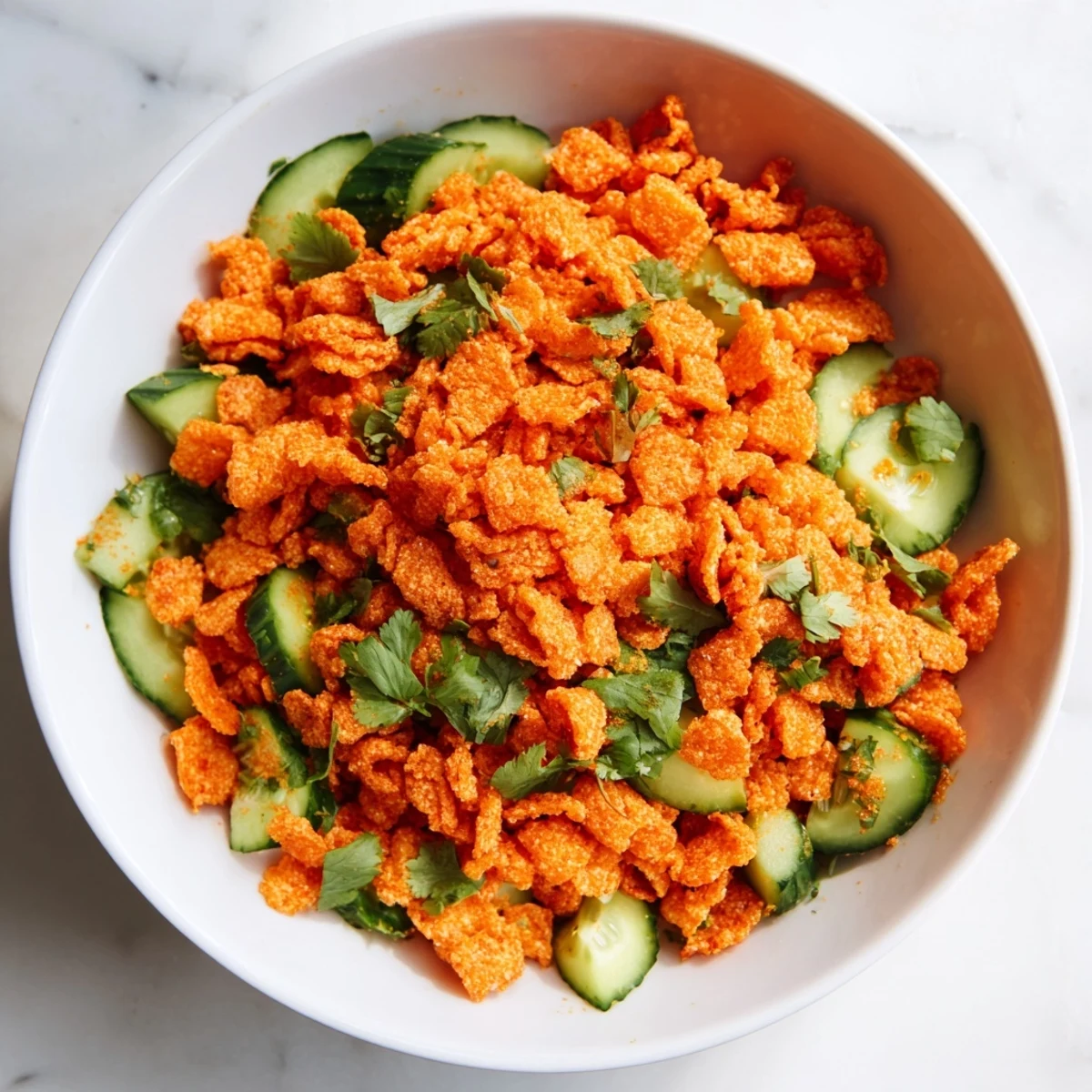 Spicy Flamin Hot Cheeto Salad served in a white bowl, showcasing crunchy crushed chips and vibrant green herbs for a bold snack.  