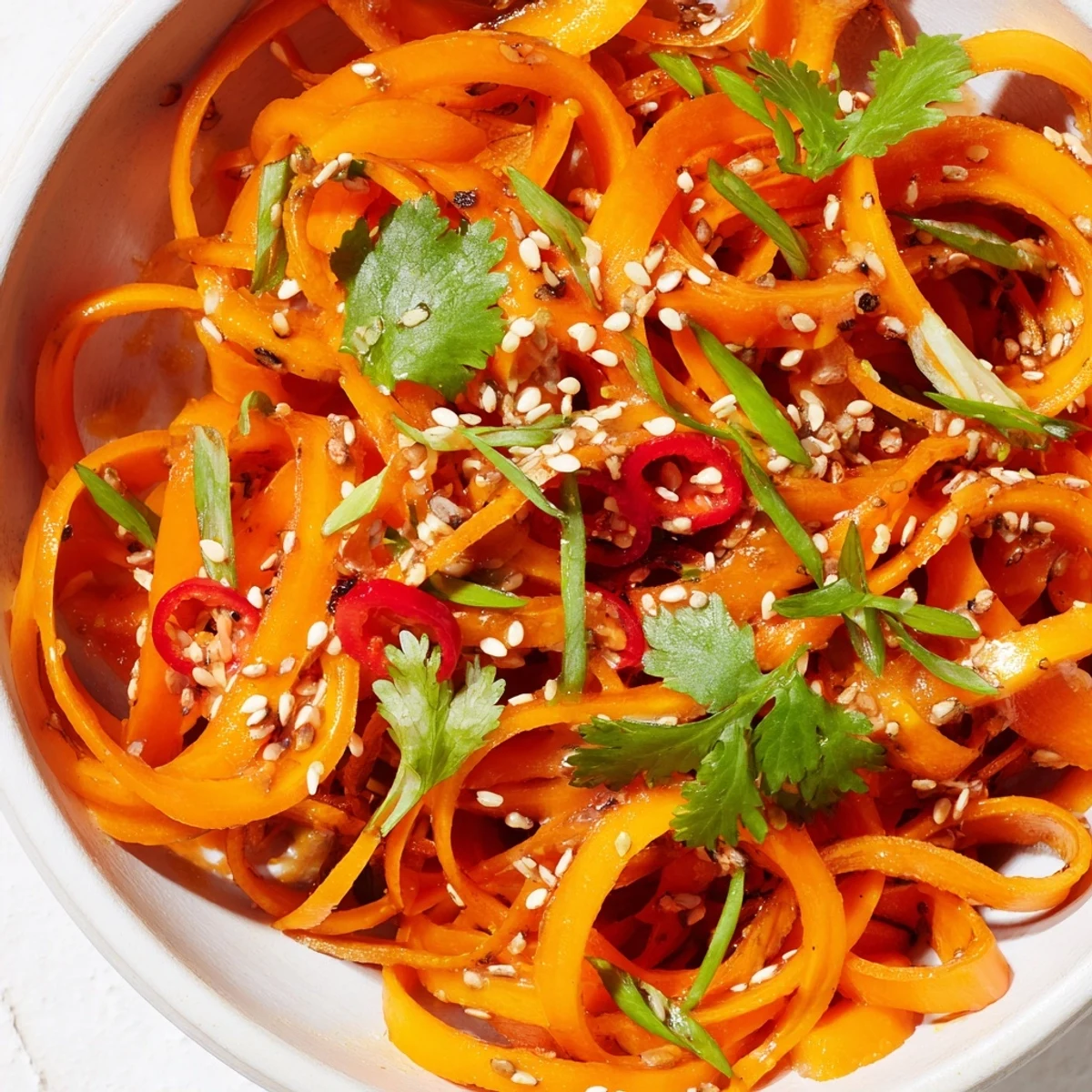 A close-up of Carrot Ribbon Salad Asian-Style with vibrant orange ribbons, green onions, and cilantro garnish, drizzled with soy-sesame dressing.  
