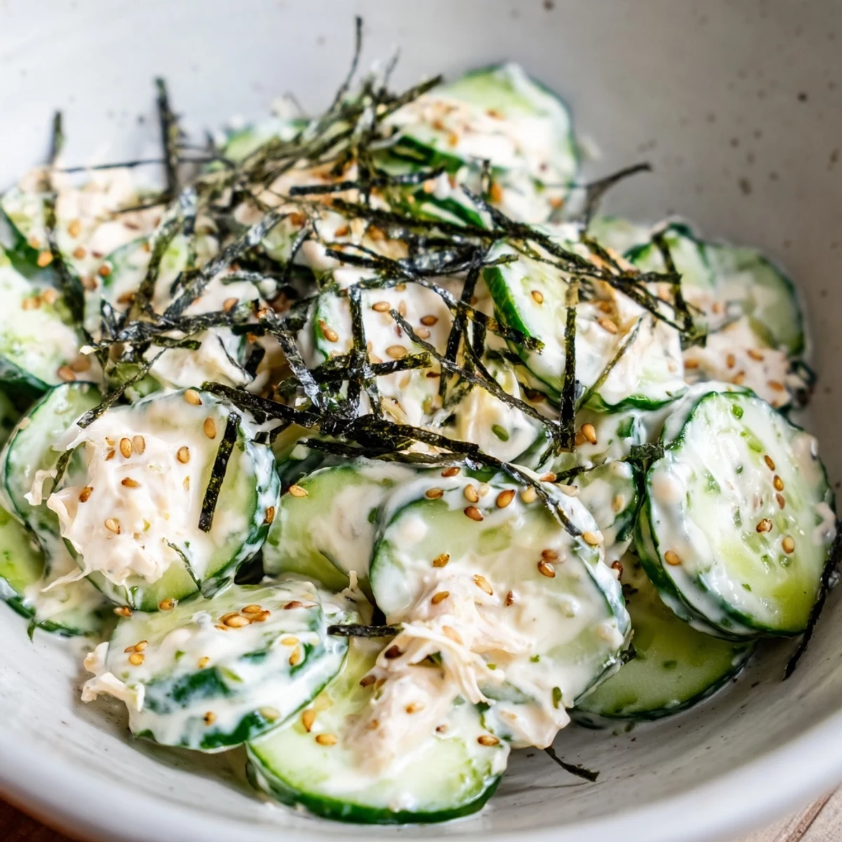 A vibrant Japanese-American salad topped with toasted sesame seeds, nori strips, and optional pickled ginger for fresh flavor.  