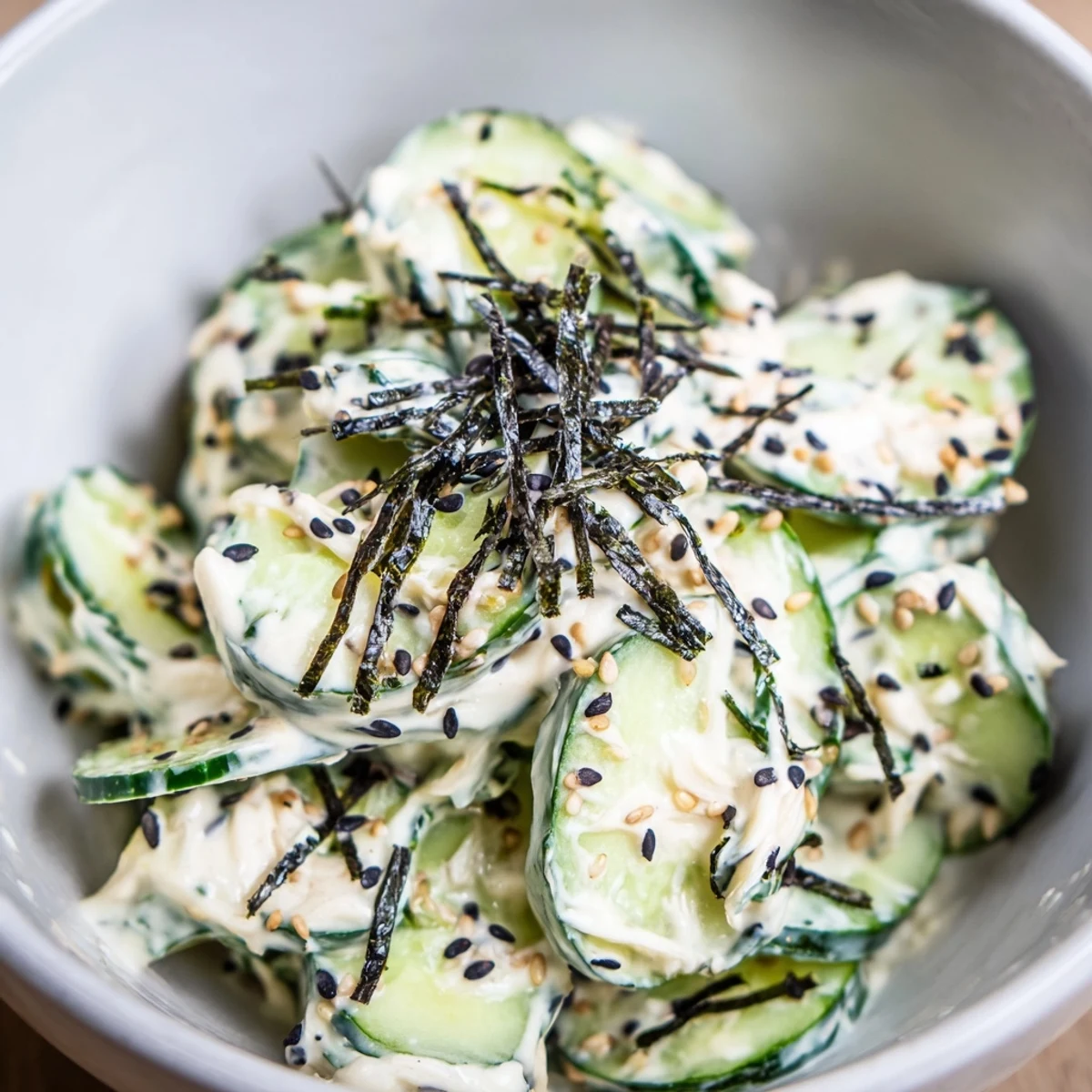 Enjoy chilled California Roll Cucumber Salad as a light appetizer or side, garnished with scallions and a hint of rice vinegar.