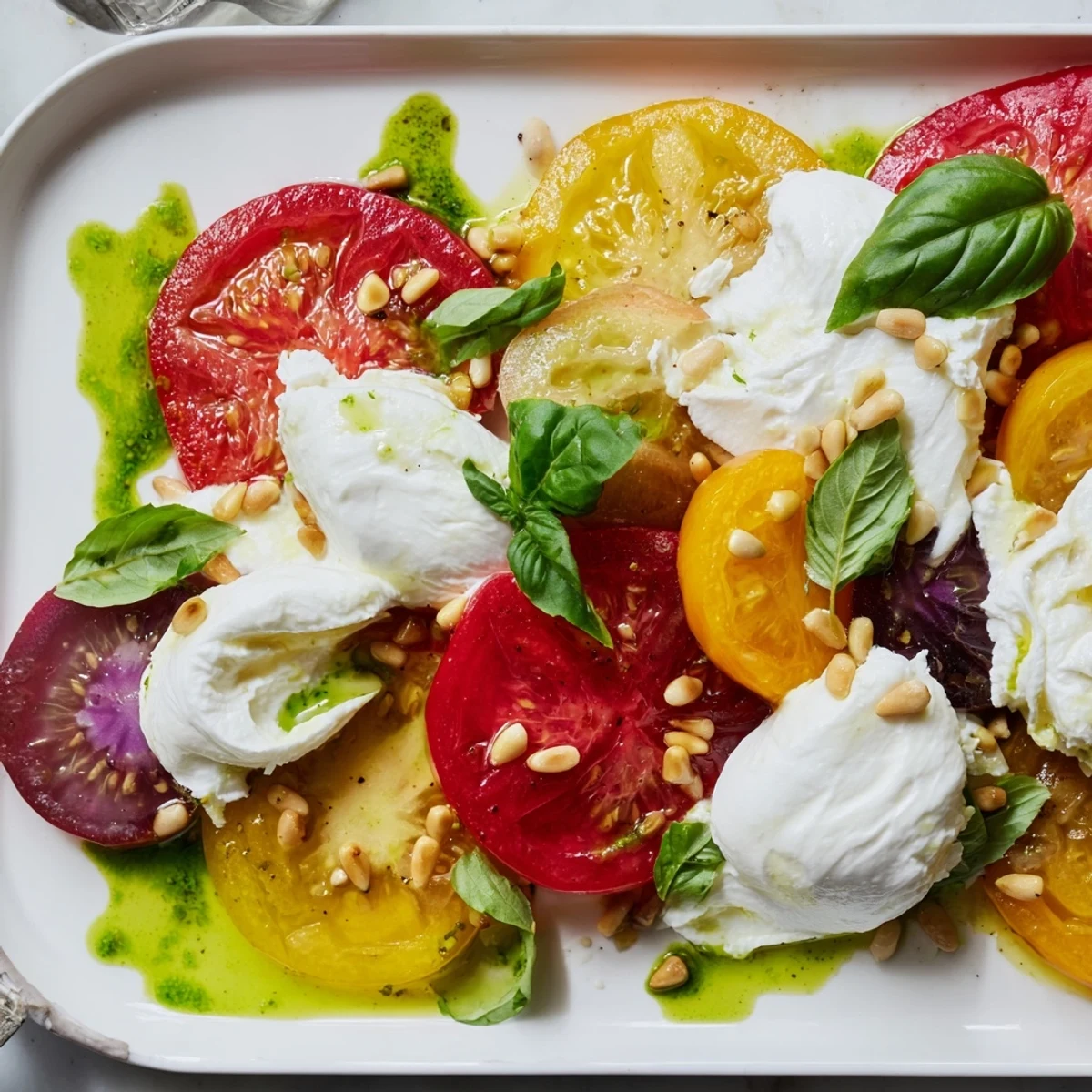 Heirloom Tomato Salad Board with creamy burrata and vibrant tomatoes, drizzled with basil oil for a fresh appetizer.