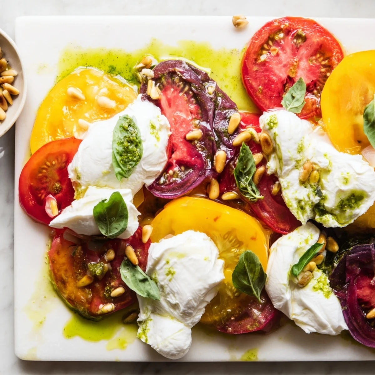 Sliced heirloom tomatoes and creamy burrata, finished with basil oil and flaky salt, served with crusty bread.