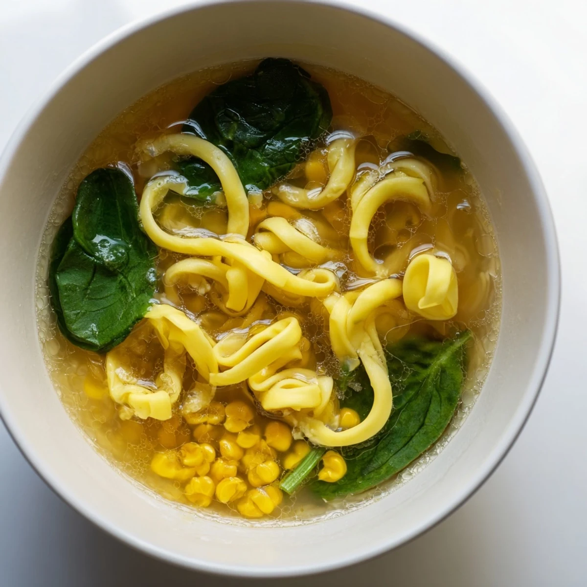 Steaming bowl of Elevated Ramen Egg Drop Soup with silky egg ribbons, corn, and spinach, garnished with scallions and sesame seeds.