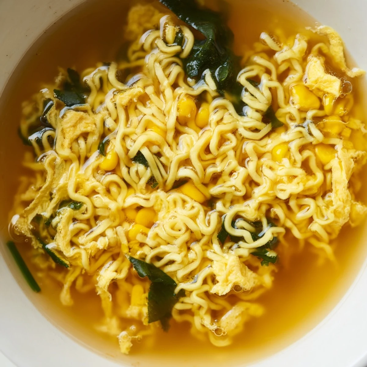 Vivid photo of homemade Elevated Ramen Egg Drop Soup served in a ceramic bowl, topped with fresh scallions and a sprinkle of sesame seeds.