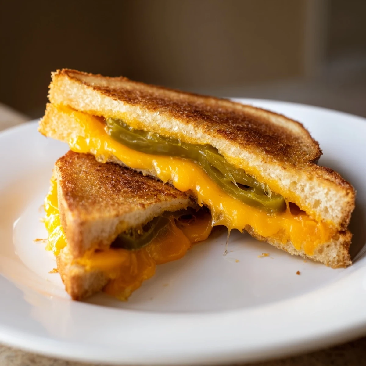 The golden, buttery bread encases melted cheddar cheese and tangy pickled jalapeño slices in this Cheddar Jalapeño Grilled Cheese.