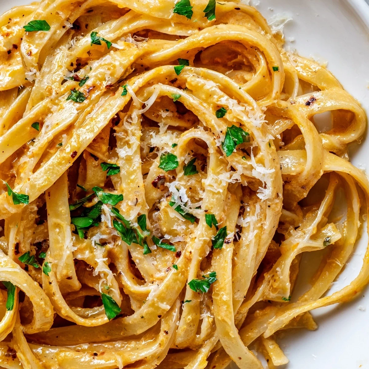 A close-up of Sriracha Honey Pasta glistening in a creamy sauce, garnished with fresh parsley and parmesan.