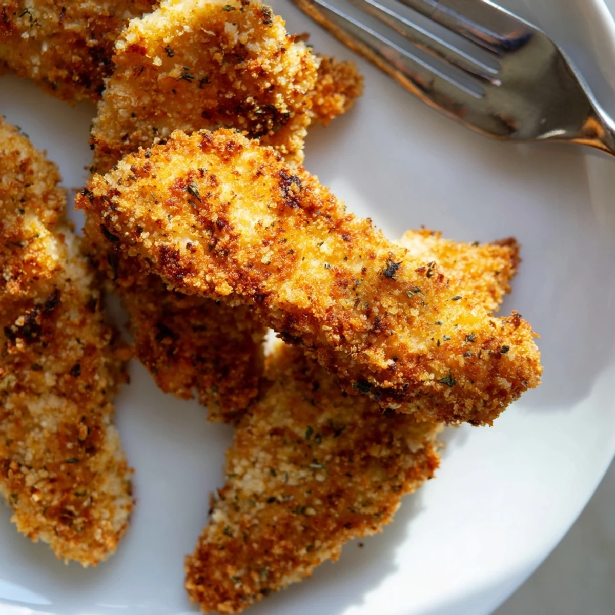 Golden Crispy Panko Chicken Strips arranged on a wire rack, fresh from the oven with a golden brown herbed breadcrumb coating.