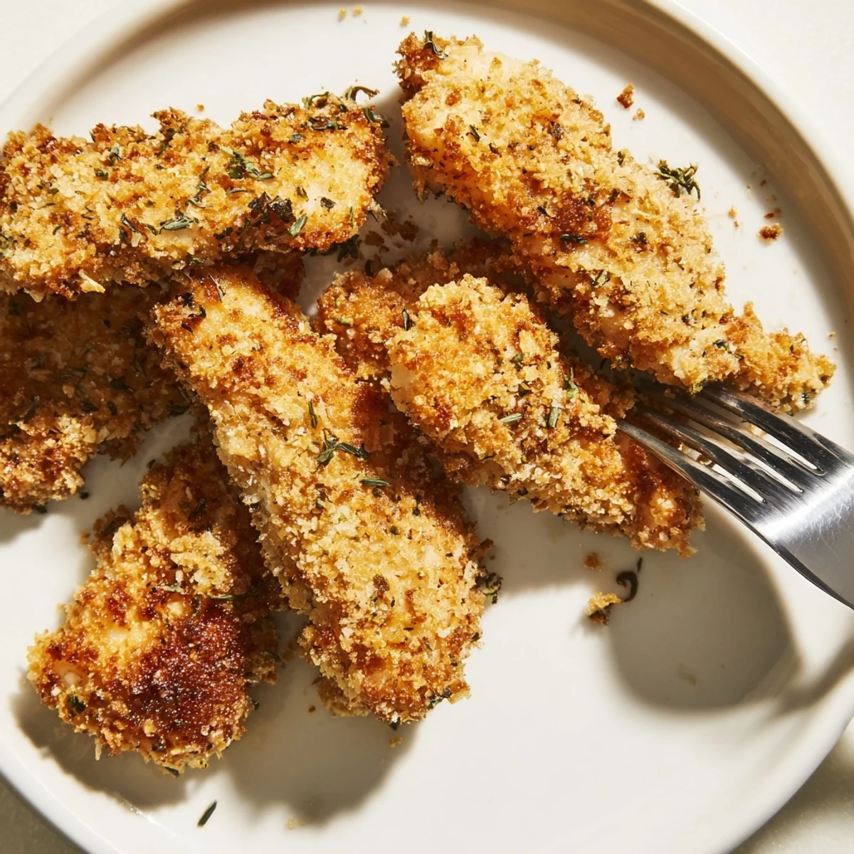 Freshly prepared Crispy Panko Chicken Strips with a golden, crunchy panko crust, highlighting the tender interior of the chicken strips.