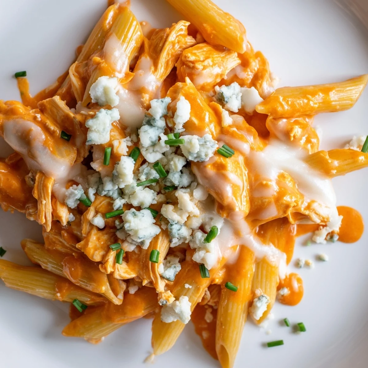 Steaming Buffalo Chicken Pasta in a skillet, featuring melted mozzarella, rich cream cheese, and a garnish of fresh chives for color.  