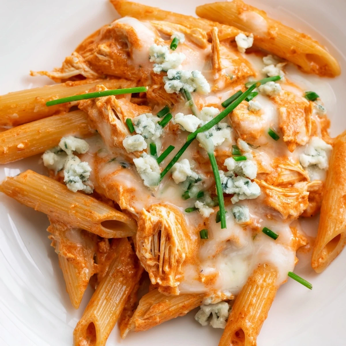 Creamy Buffalo Chicken Pasta tossed with shredded chicken, penne, and spicy buffalo sauce, topped with blue cheese crumbles for a tangy finish.  
