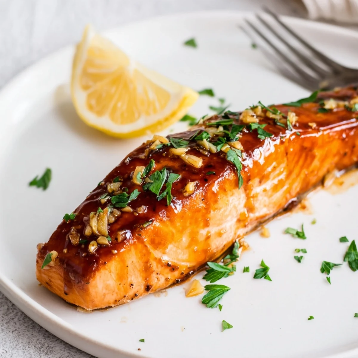 Golden-brown Honey Garlic Glazed Salmon fillets glisten with a sticky, caramelized sauce and fresh parsley garnish.  