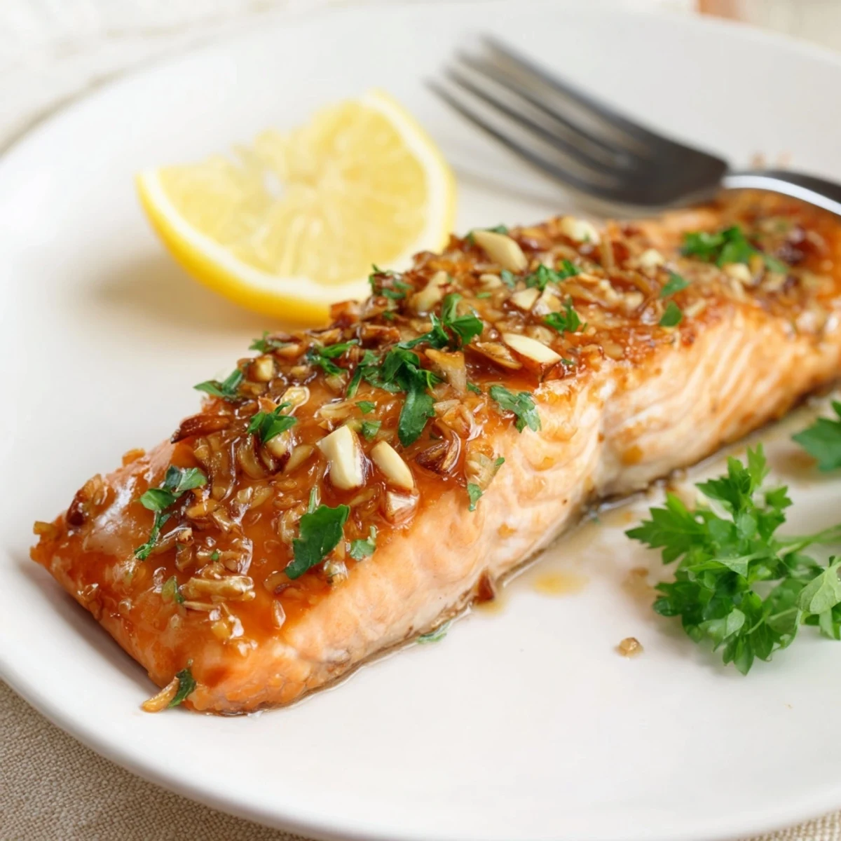 A close-up of succulent Honey Garlic Glazed Salmon, brushed with buttery glaze and roasted to perfection.