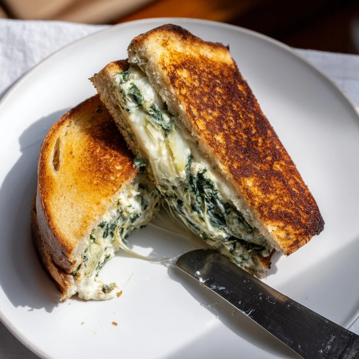 Golden-brown sourdough sandwiches stuffed with creamy spinach and artichoke filling, served hot.