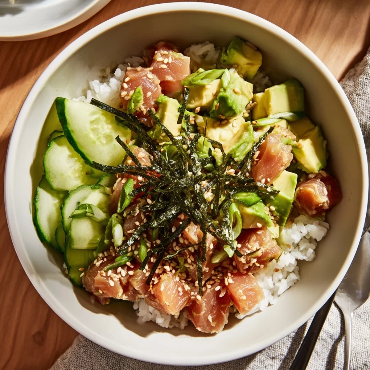 Golden-brown toasted sesame seeds sprinkled over a colorful Tuna Avocado Rice Bowl with fresh cucumber slices and creamy avocado chunks.