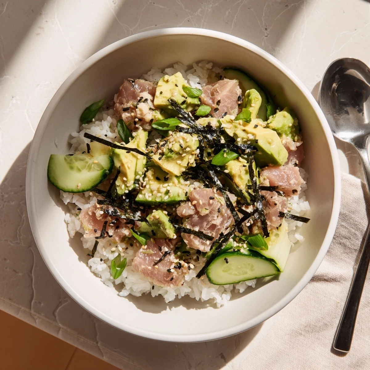 Close-up of a nourishing Tuna Avocado Rice Bowl garnished with nori strips and scallions, ready for a quick and satisfying lunch.