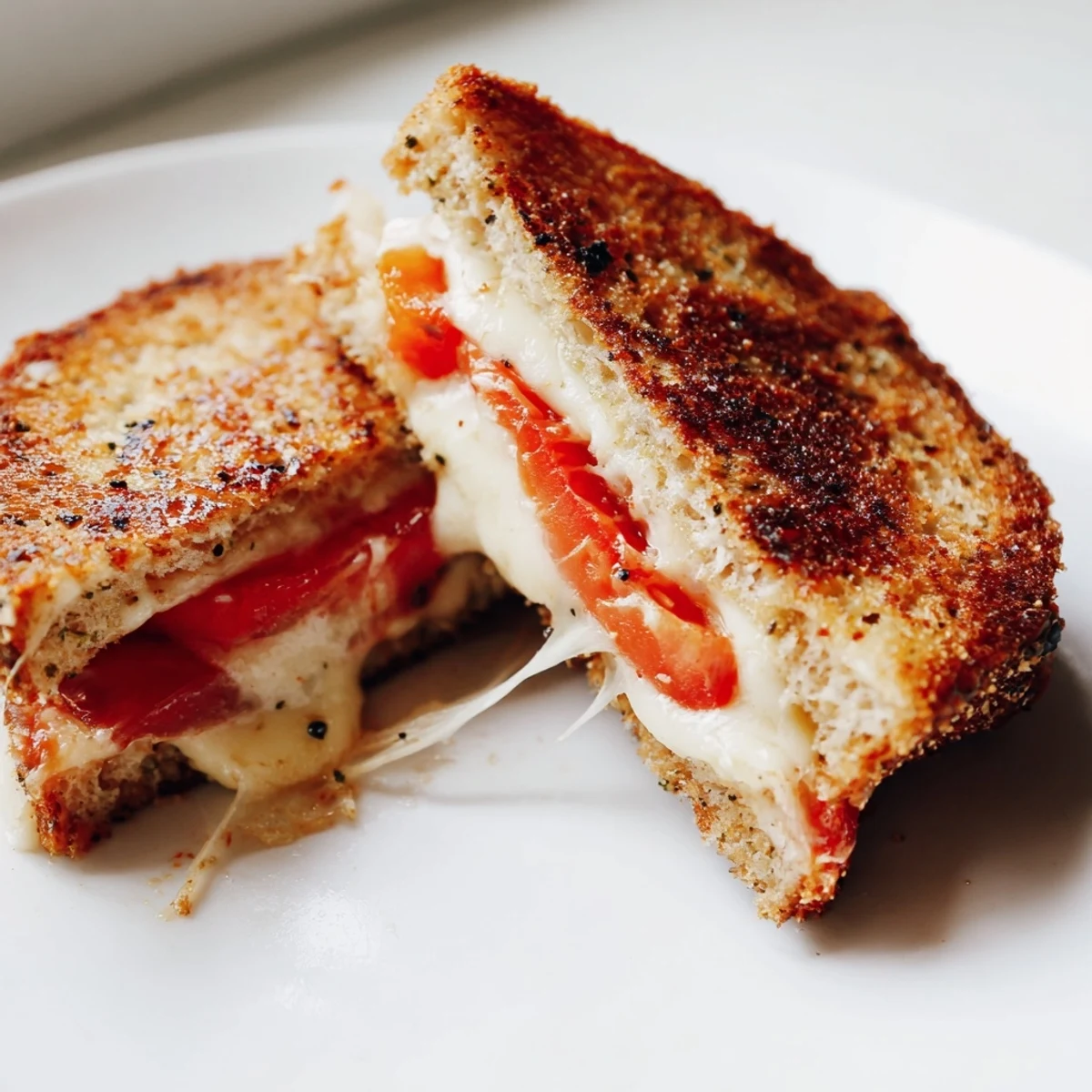 Golden-brown Pepper Jack & Tomato Grilled Cheese on jalapeño bread, melted cheese oozing beside fresh tomato slices.