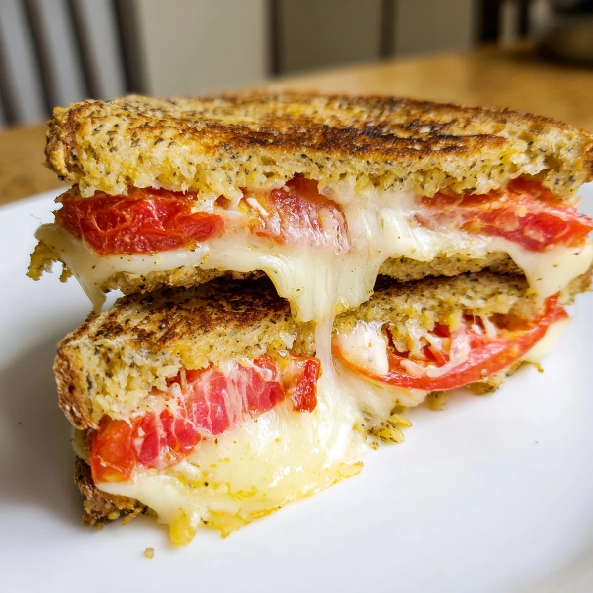 A spicy Pepper Jack & Tomato Grilled Cheese served hot, cut diagonally with a creamy bowl of tomato soup.