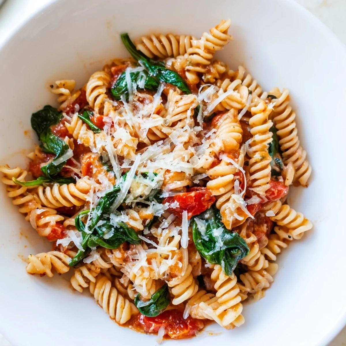 Tender rotini pasta simmered with juicy diced tomatoes and fresh spinach in a savory broth, served steaming in a rustic bowl.  