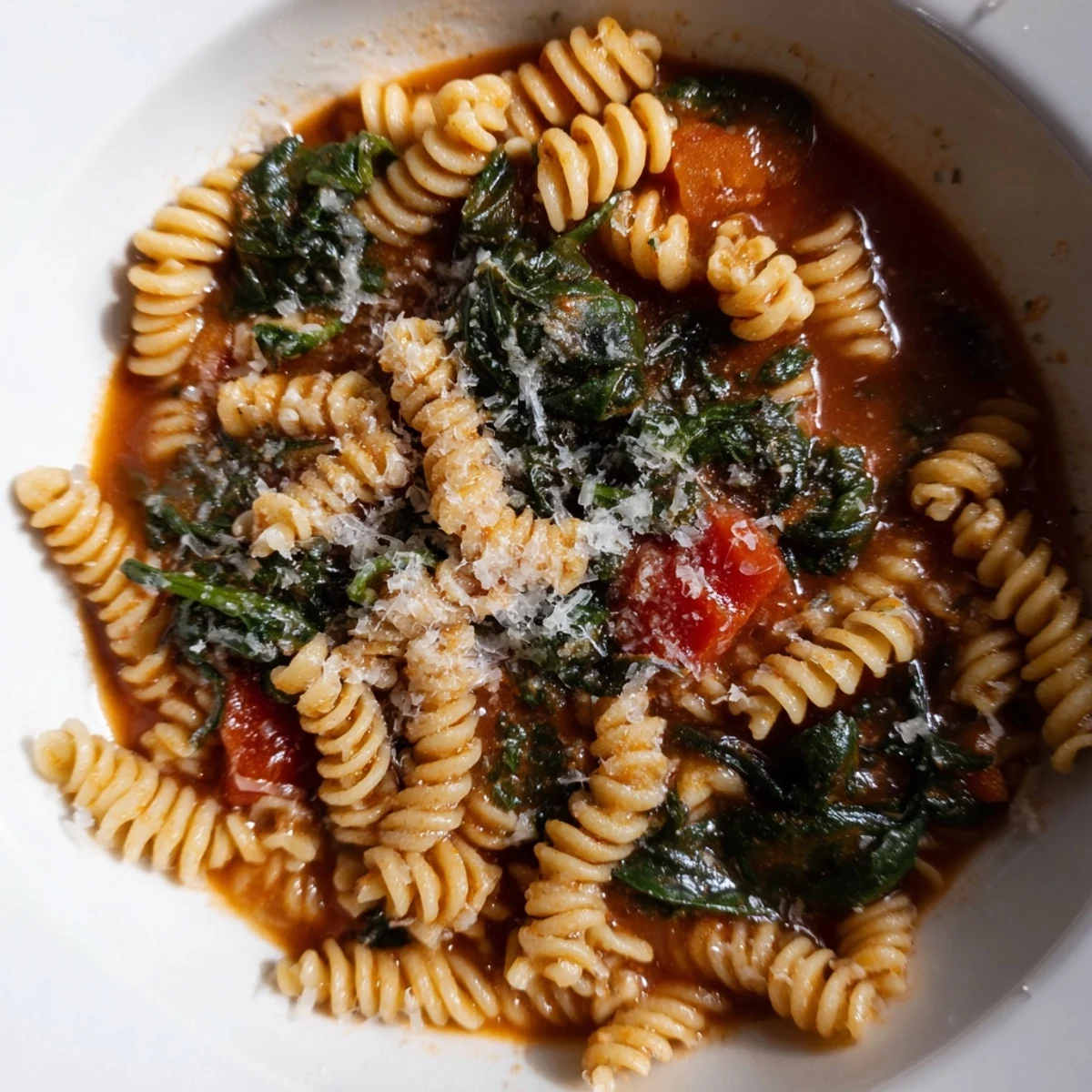 A close-up of a serving of Tomato Spinach Rotini, garnished with Parmesan cheese and fresh basil, next to crusty bread.
