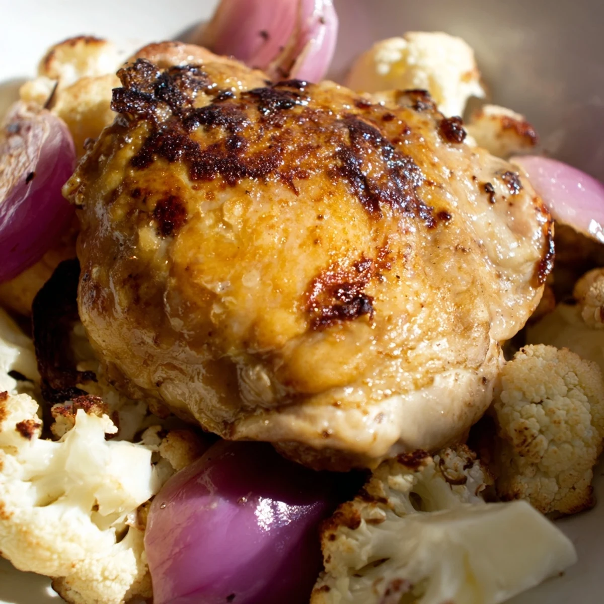Golden roasted cauliflower chicken sheet pan dinner served over fluffy basmati rice, garnished with fresh parsley and lemon wedges.  