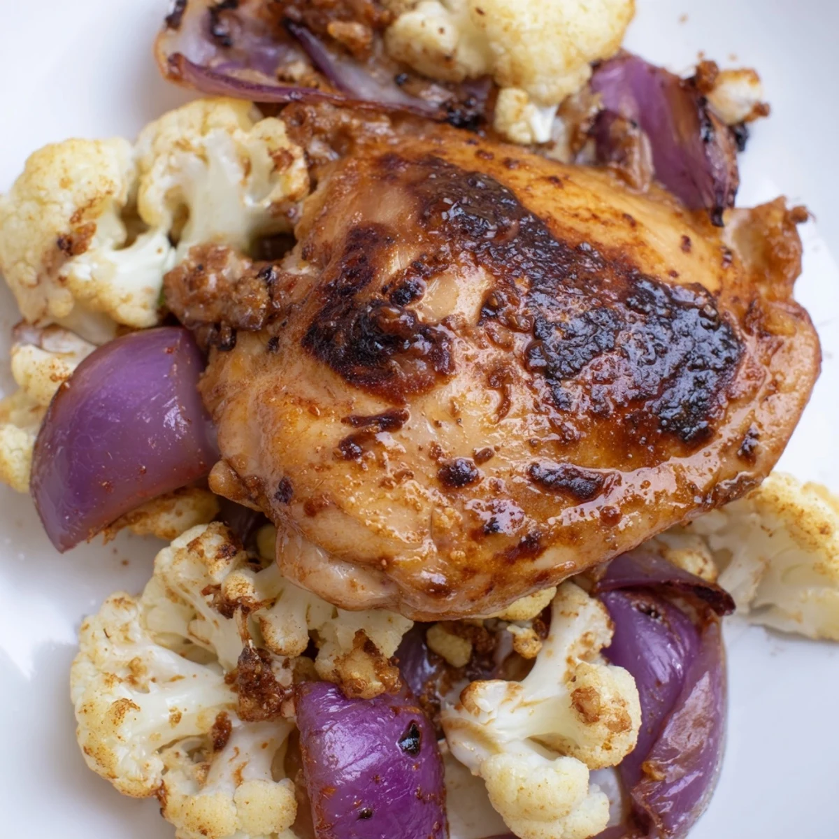 Sheet pan roasted cauliflower chicken with smoky paprika, cumin, and chili flakes, finished with herbs and bright lemon.