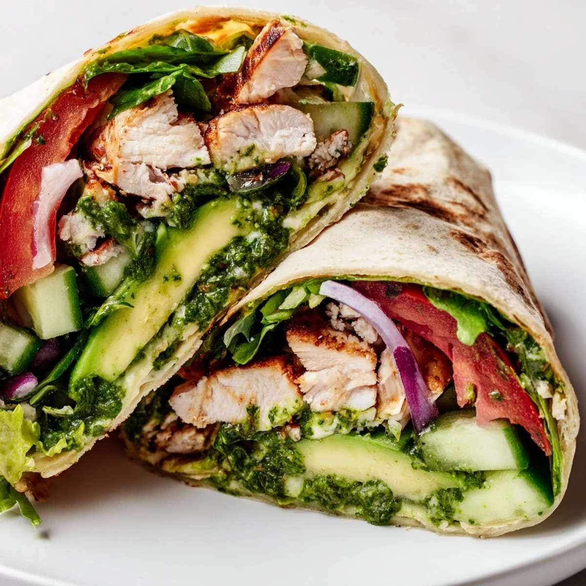 South American-inspired chimichurri chicken salad wrap featuring marinated chicken, mixed greens, cucumber, and red onion in a warm tortilla.