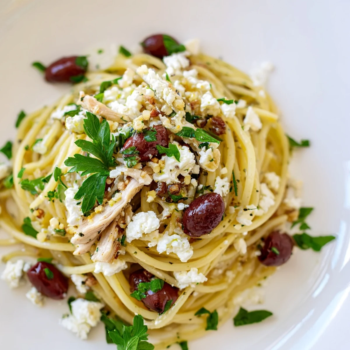 Plated Greek Chicken Spaghetti garnished with fresh parsley and feta, served as an easy 35-minute weeknight dinner.
