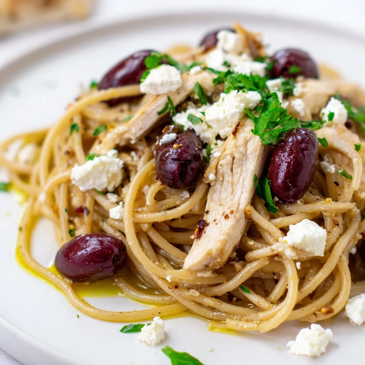 Tossed Greek Chicken Spaghetti features spaghetti, red onion, and a bright lemon-herb dressing for a Mediterranean main.