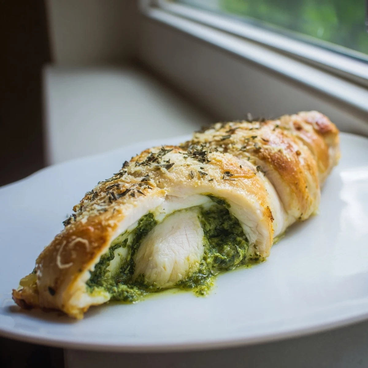 Juicy Mozzarella & Pesto Stuffed Chicken served alongside roasted vegetables and a crisp green salad on a rustic plate.