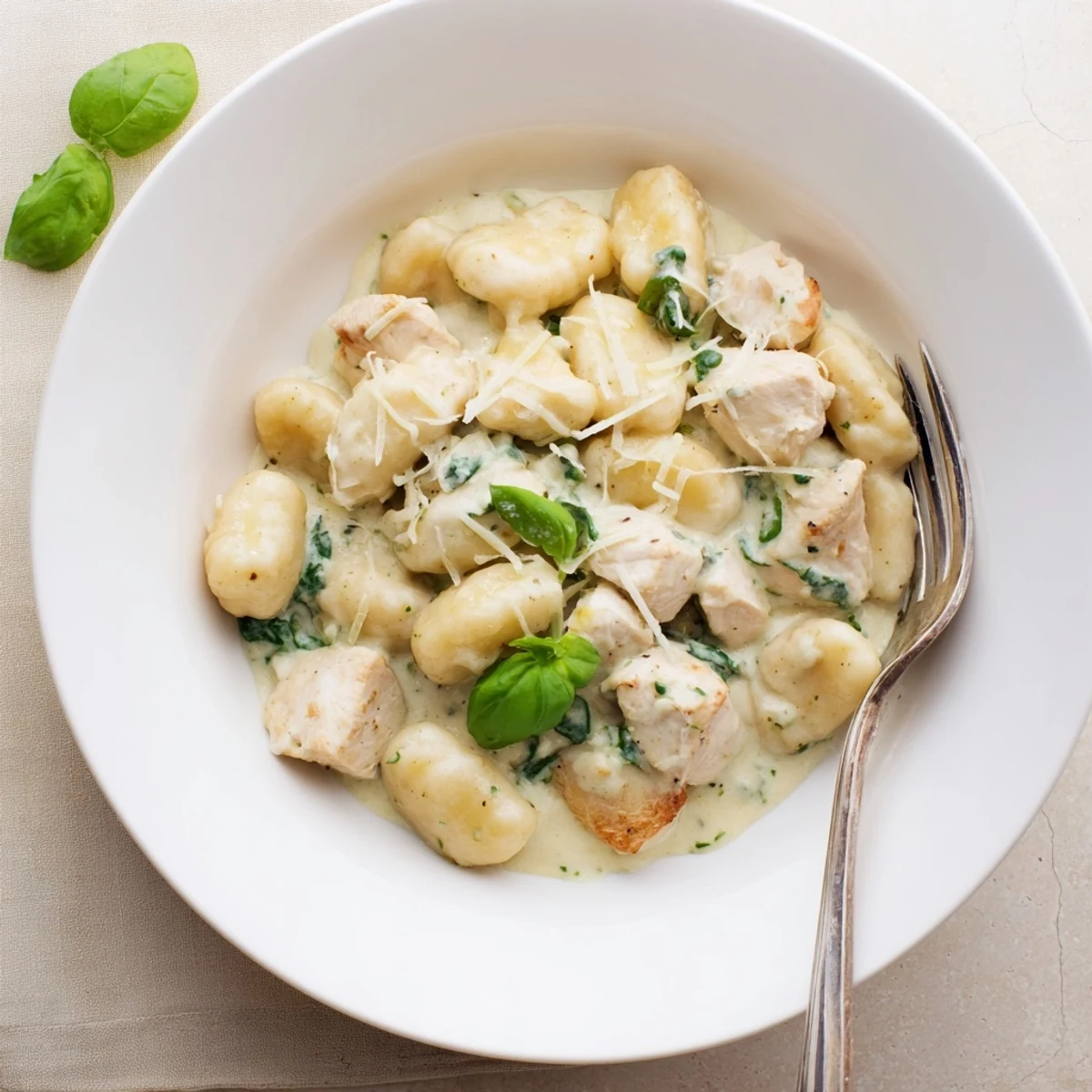 Golden, pan-crisped gnocchi and tender chicken bites coated in a vibrant, creamy green basil pesto sauce, served hot in a rustic skillet.