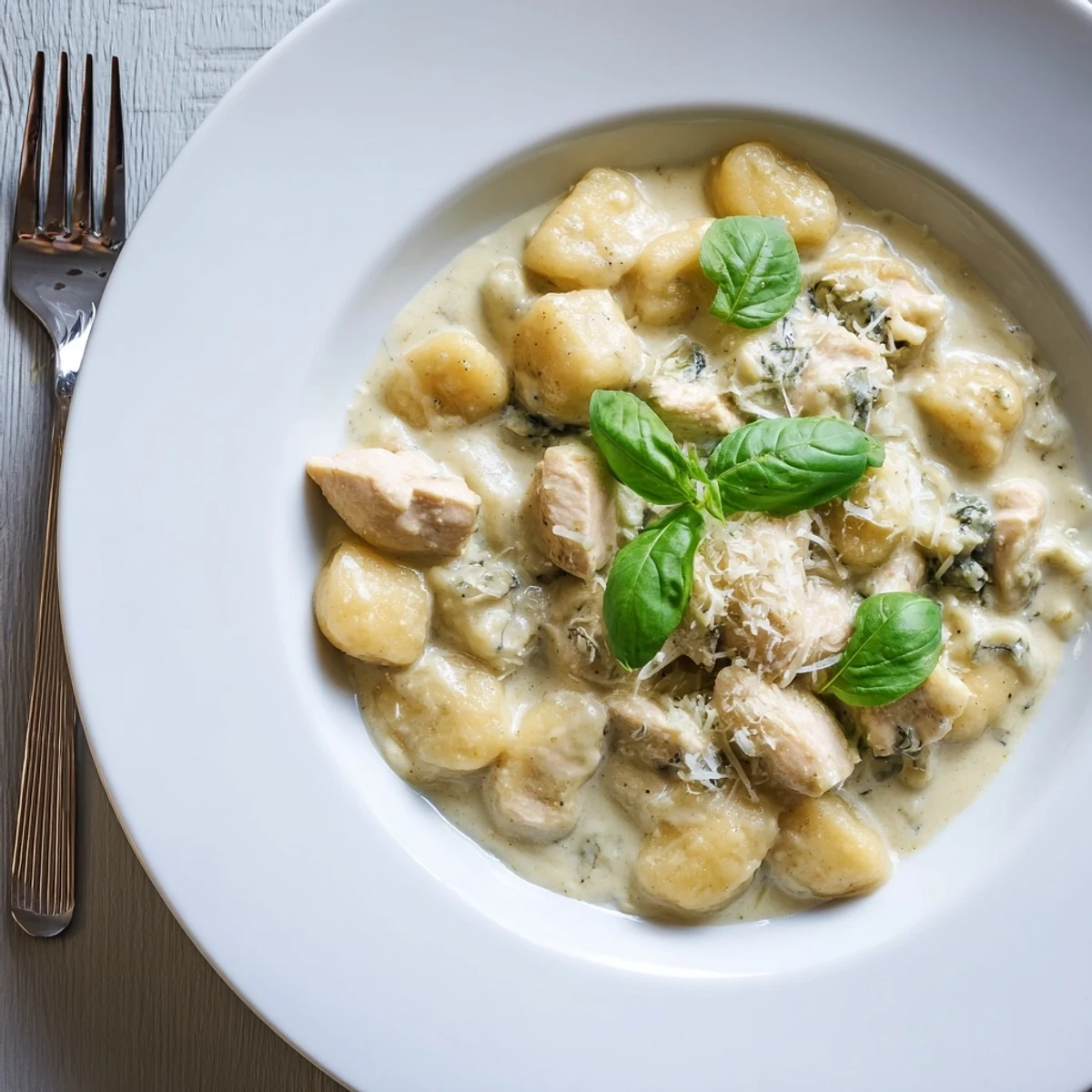 Steaming bowl of cheesy gnocchi and juicy chicken in a rich Italian pesto cream sauce, ready to be enjoyed with a glass of white wine.