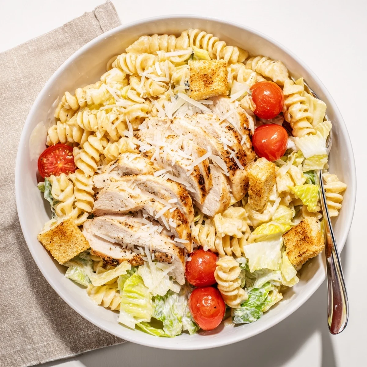 A close-up of a Caesar Pasta Chicken Bowl with grilled chicken strips, al dente pasta, crisp romaine, cherry tomatoes, and creamy dressing.